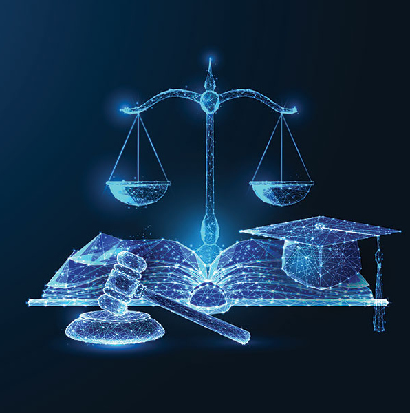 open book, gavel, scales of justice and graduation cap on dark blue