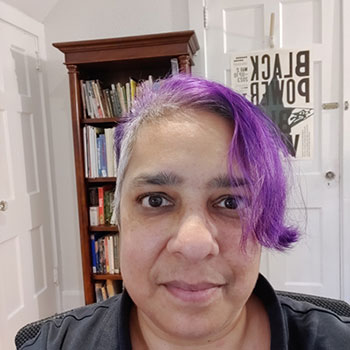 Woman with short purple hair