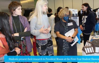 Students and President Karol Mason at the 2022 First0year Student Showcase